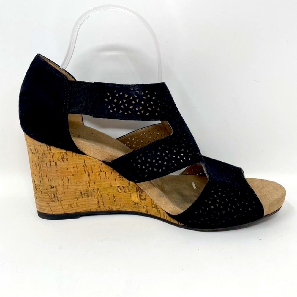 Life Stride Women Black Lasercut Slip on Elastic Cork Wedge Heel Sandal Size 10